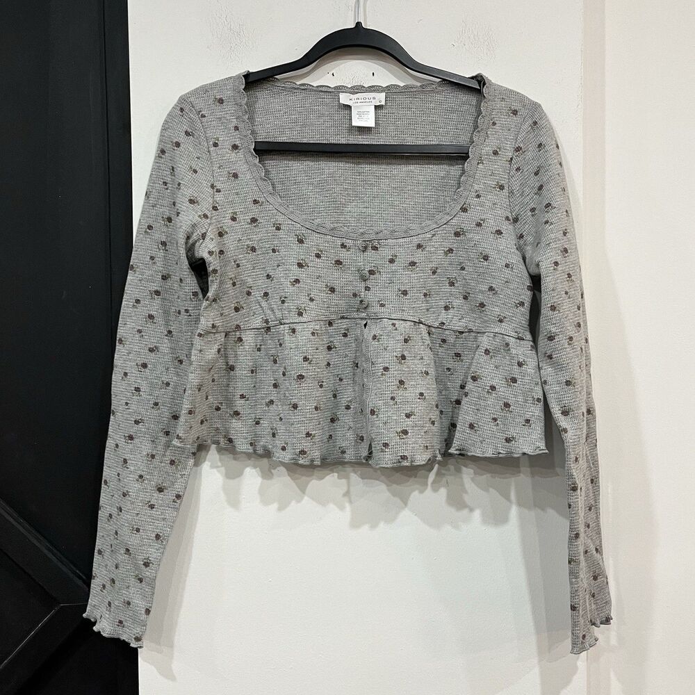 NWT Kirious Gray Floral Cropped Longsleeve Babydoll Top Size Large Cottage Boho